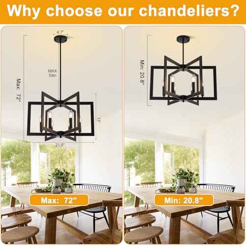 22" Black Chandelier for Dining Room, 6-Light Geometric Farmhouse Dining Room Fixture, Modern Foyer Lighting Fixtures, Industrial Hanging Pendant Lights for Kitchen Island, Living Room, Entryway