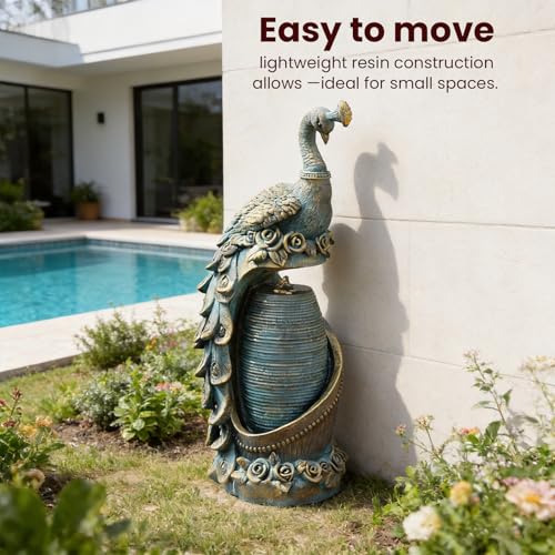 Peacock Outdoor Water Fountain 32" H Cascading Waterfall Fountain with LED Lights & Pump Tiered Water Feature for Garden