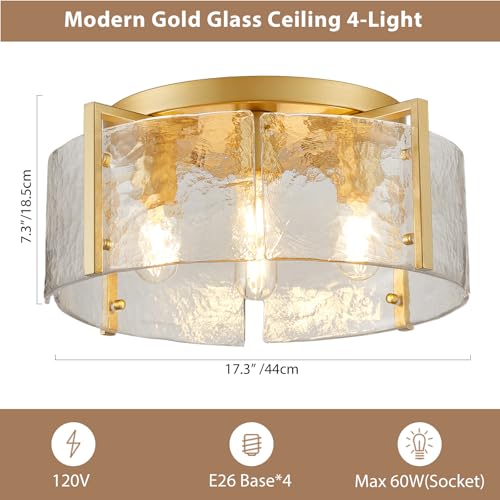 17.3" Modern Gold Semi Flush Mount Ceiling Light Fixture Glass 4