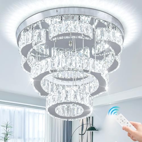 15.7" 2 Ring Flower Crystal Flush Mount Ceiling Light Dimmable remote
