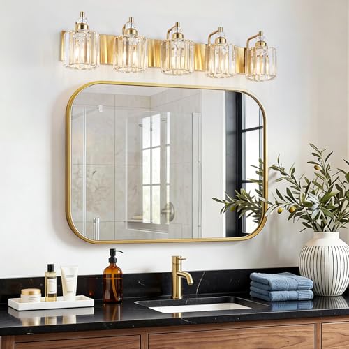 5 Light Modern Vanity Lights Brushed Brass Bathroom Light Fixtures Over Mirror Gold Bathroom Vanity Lighting with Crystal Shade E26 Base Wall Sconce for Bedroom Living Room Restroom Wall Lamp
