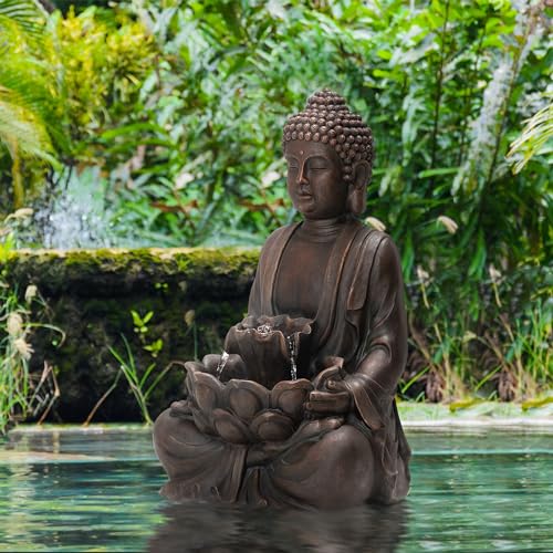 Zen Style Meditating Buddha Statue Fountain Polyresin Outdoor Decoration with Pump and LED Light