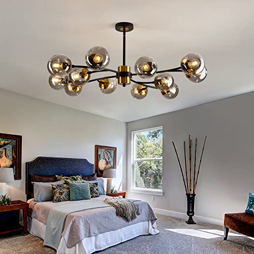 12 Light Large Sputnik Chandelier with Glass Globe Mid Century Modern Matte Black and Gold Ceiling Light Fixture Vintage Pendant Lighting for Dining Room Bedroom Kitchen Living Room Foyer