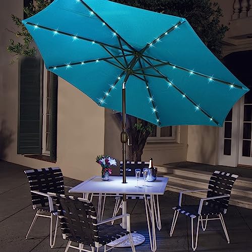 9 ft Solar Umbrella 32 LED Lighted Patio Umbrella Table Market Umbrella with Tilt and Crank Outdoor Umbrella for Garden