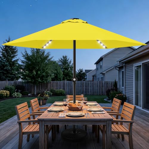 Patio Umbrella 9FT Solar Lights Push Up Outdoor Market Umbrella Yellow