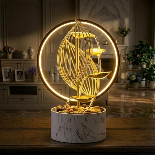 Qingyinge 15'' H Large Golden Tabletop Water Fountain with Led Light for Indoor Meditation Yoga Spa Room Decor