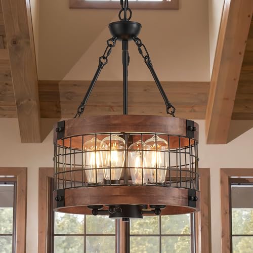 4 Light Farmhouse Drum Wood Pendant Light