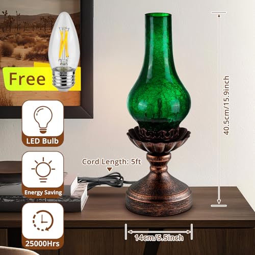 Vintage Table Lamp with Green Crackle Glass Shade