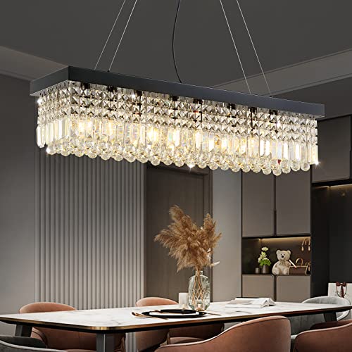 Rectangle K9 Crystal Chandelier Modern Rectangular Pendant Lighting Fixture for Dining Room Kitchen Island Bedroom Black L40 x W10 x H10