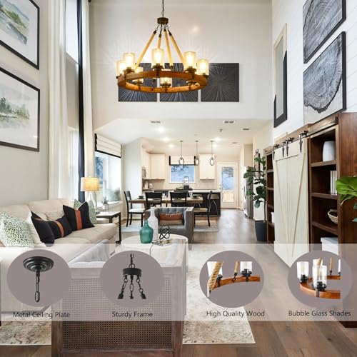 9 Light Round Wagon Wheel Chandelier Farmhouse Rustic Pendant Light Fixture with Seeded Glass Shades