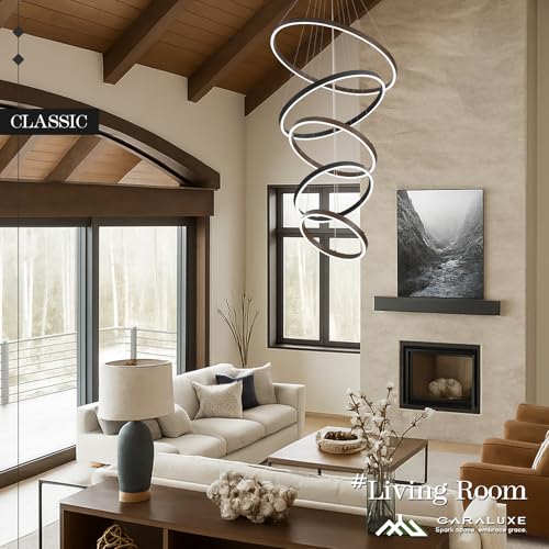 LED 5 Ring Chandelier High Ceiling Foyer Chandeliers Black Walnut Dimmable