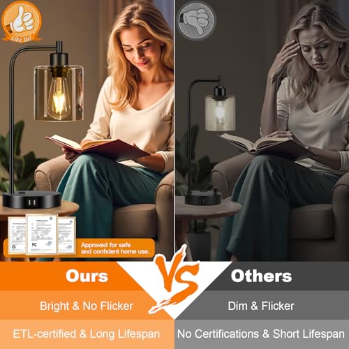 Set of 2 Industrial Touch Control Table Lamps with 2 USB Ports and AC Outlet