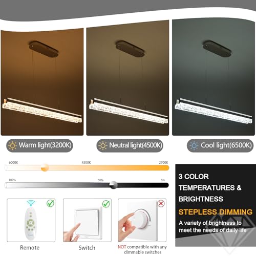 Modern Chandelier Gold Led Crystal Linear Pendant Lights Kitchen Island Lighting Minimalist Dimmable Ceiling Hanging Light Fixture Dining Room with Remote Control