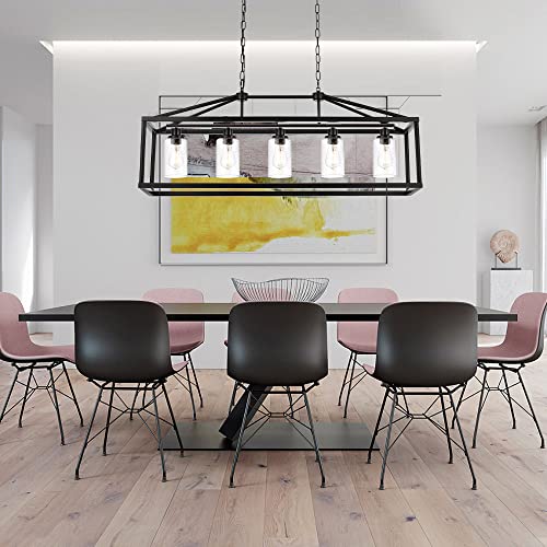 5 Light Farmhouse Chandelier Ceiling Hanging Dining Room Lighting Fixtures Matte Black Modern Pendant Lighting Industrial Rectangular Kitchen Island Chandelier Fixture with Seeded Glass Shade