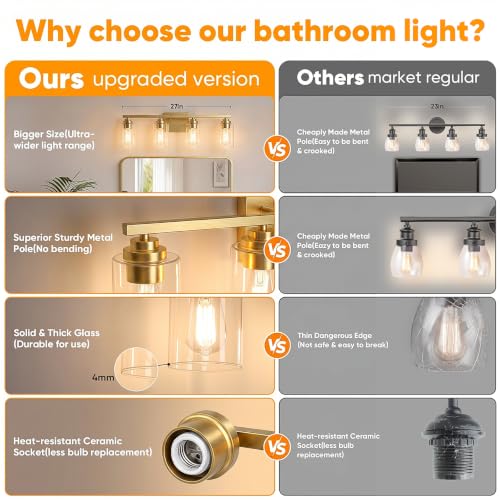 4 Light Brushed Gold Bathroom Light Fixtures Over Mirror 27 Inches