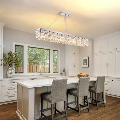 Rectangle K9 Crystal Chandelier Modern Rectangular Pendant Light Fixture for Dining Room Kitchen Island Chrome L59'' x W10'' x H9''
