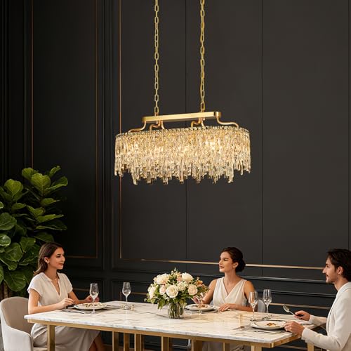 32" 10 Light Modern Oval Gold Crystal Chandeliers for Dining Room