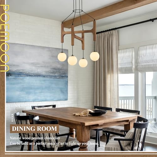 Rustic Oak 4 Light Wooden Chandelier with Milk Glass Globe L24 Inch
