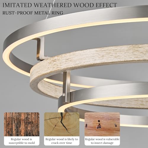 3 Ring LED Chandelier Modern Chandelier Weathered Wood Nickel Dimmable 31''