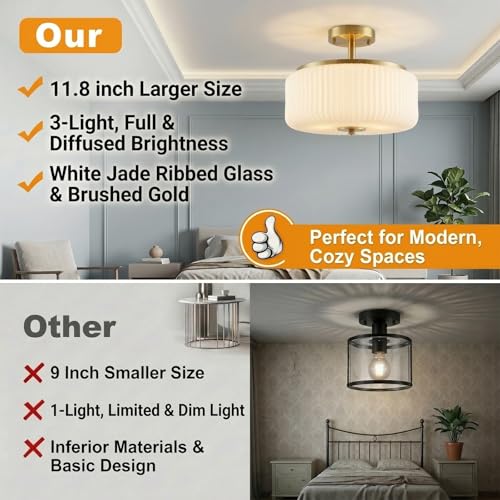 3 Light Gold Semi Flush Mount Ceiling Light
