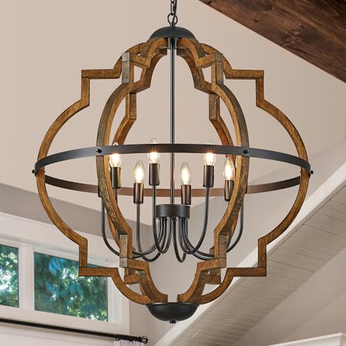31.96" 8 Light Brown Oak Wood Drum Pendant Light for Dining Room