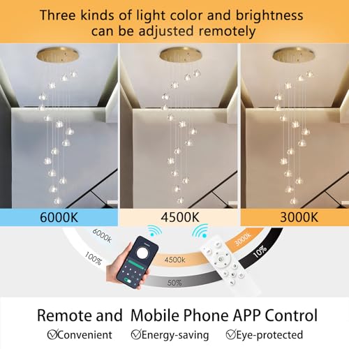 LED Glam Chandelier 118 inches Long Light Luxury Crystal Ceiling Chandeliers Remote Dimmable High Ceiling Pendants Lighting Fixtures Antique Gold 15 Lights