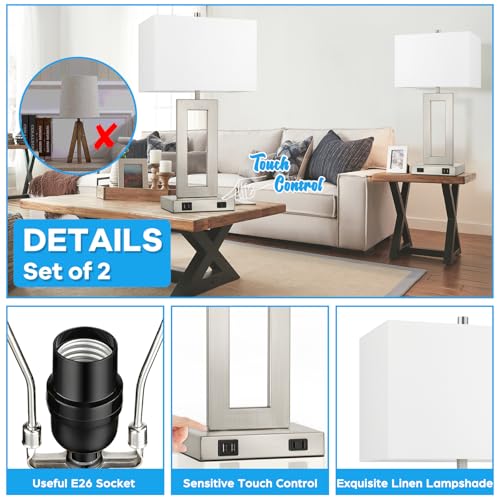 28" Silver Modern Table Lamp Set of 2 with 2 USB Ports&AC Outlet (2 Count)