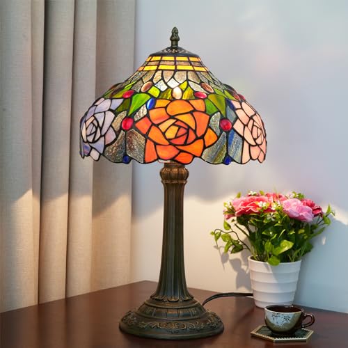 Tiffany Table Lamp Stained Glass Lamp Antique Nightstand Bedside Accent Desk Light for Bedroom Living Room Home Office Light +LED Bulb
