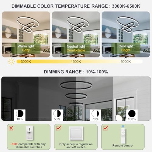 3 Rings Modern LED Chandelier Black Dimmable Pendant Lighting with Remote Control Circular Flush Mount High Ceiling Light for Dining Room Living Room Entrance Foyer