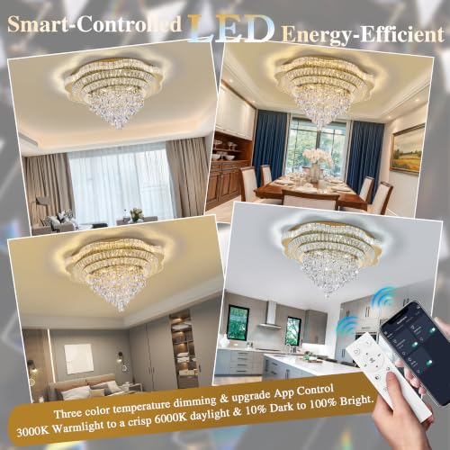 30" Gold Crystal Flush Mount Chandelier Modern LED Ceiling Light Fixture