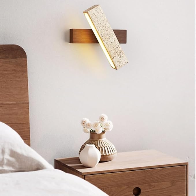 Modern LED Wall Sconce Wood Base Travertine Style Bar Light Minimalist Japandi Fixture Asymmetrical Design for Bedroom Hallway Living Room Accent(Brown)