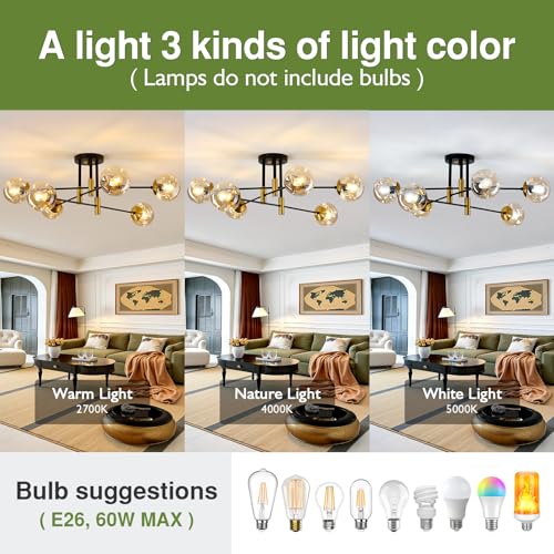 6 Lights Sputnik Ceiling Light Fixture Mid Century Modern Glass Globe Flush Mount Chandelier Black and Gold Farmhouse Lighting for Living Room Dining Room Bedroom Kitchen