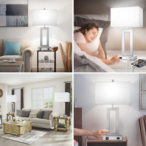28" Silver Modern Table Lamp Set of 2 with 2 USB Ports&AC Outlet (2 Count)