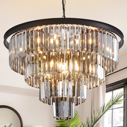 24'' Smoke Gray Crystal Chandelier Black Modern Luxury Light Fixture for Dining Room 4