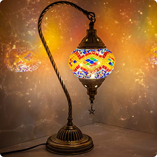 Turkish Moroccan Lamp with Bronze Base 3 Color Options Handmade Swan Neck Mosaic Glass Bedside Lamps for Bedroom