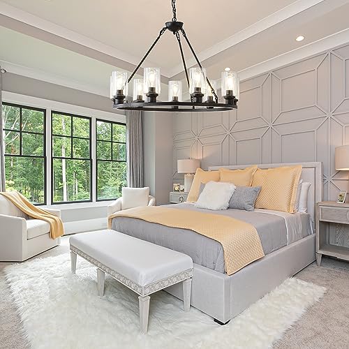 Black Large Wagon Wheel Chandelier 32 Inch Modern Farmhouse Glass Pendant Light 12