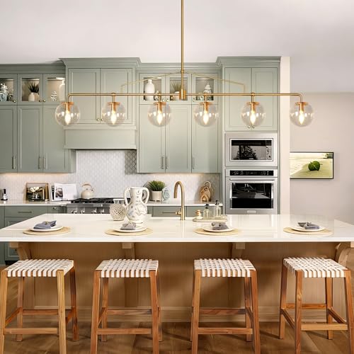 Gold Linear Chandelier 6 Lights Seeded Glass Globe Pendant Light