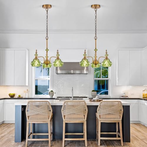 3 Light Green Pendant Lighting Fixtures Vintage Brass Pendant Light for Bedroom Kitchen Island Dining Room Living Room
