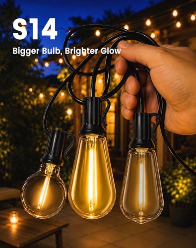 60FT(50+10) Outdoor String Lights, 2FT Spacing 25 LED Edison Bulbs, Waterproof, Shatterproof, Dimmable, Warm White, 3 Modes, Timer, Plug in Hanging Backyard Lights for Outside, Patio (50+10FT(25 Sockets))