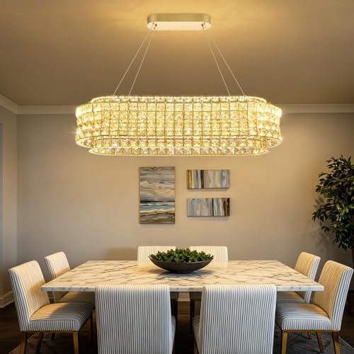 L32 x W12 Modern Chandeliers for Dining Room LED Dimmable Pendant Lighting Ceiling Chandelier Crystal Rectangle Light Fixtures Gold