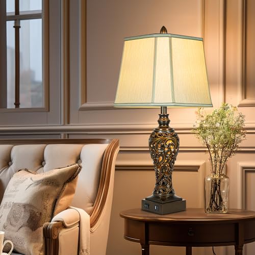 28.5" High Vintage Brown Table Lamps Set of 2 with Night Light (2 Count)