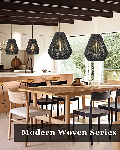 Modern Woven Pendant Light Fixtures 11.8" Farmhouse Coastal Hanging Lamp Matte Black Handwoven Rattan Basket Shade Boho Pendant Light for Kitchen Island Dining Room Bar Bedroom Foyer Hallway