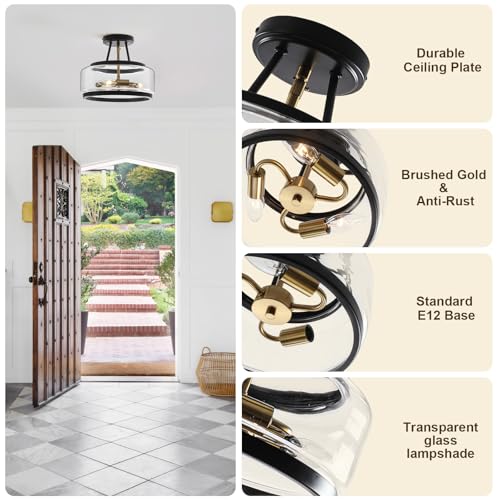 11.8" Black and Gold Semi Flush Mount Ceiling Light