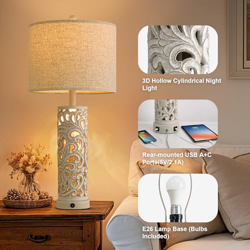 2-in-1 Light Table Lamp Set of 2 for Living Room, 28.5" Farmhouse Bedside Lamps with USB Charging Port, Main&Night Light & Dual Switches, Nightstand Lamp for Bedroom Home Office(Bulb Included) (2 Count)