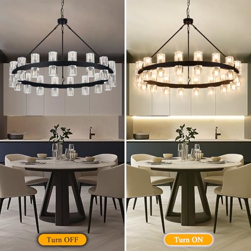 36 Inch Black Wagon Wheel Chandelier with Crystal Shade