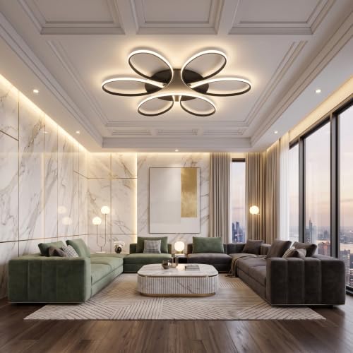 Modern LED Ceiling Light Fixture Black Flush Mount Ceiling Lamp with Remote Control Dimmable 6 Rings Flower Shaped Ideal for Living Room Bedroom Tearoom Kitchen