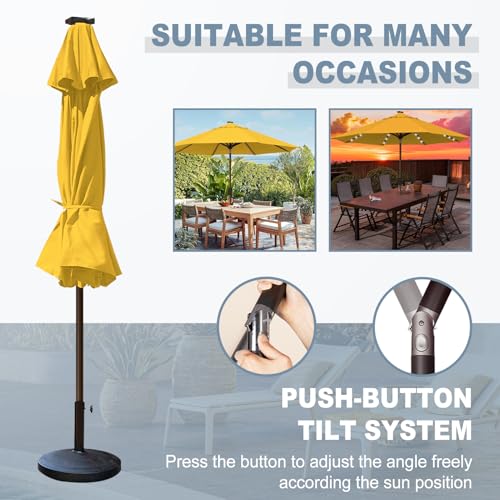 USA 10-Year-Non-Fading 10ft Market Patio Umbrella, Commercial Grade Table Sun Umbrella with 80 Solar LED Lights, Crank Open, Windproof & UPF 50+ UV Protection for Garden, Deck, Pool, Backyard, Sunflower Yellow