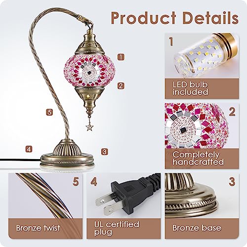 Turkish Moroccan Lamp with Bronze Base 3 Color Options Handmade Swan Neck Mosaic Glass Bedside Lamps for Bedroom