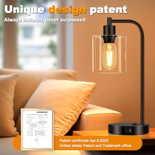 Set of 2 Industrial Touch Control Table Lamps with USB C+A Ports and AC Outlet (2 Count)