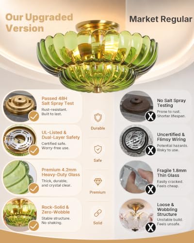 Semi Flush Mount Ceiling Light Fixture 14" Vinatge Gold Ceiling Lights Mid Century Modern Green Glass Close to Ceiling Lighting Fixtures for Bedroom Hallway Kitchen Laundry Room Bathroom